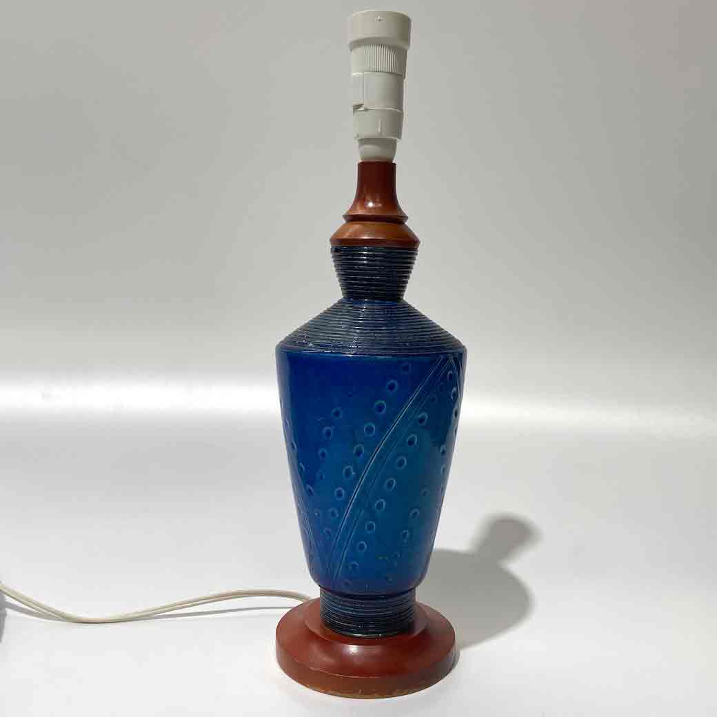 LAMP, Base (Table) - 1970s Blue Glazed w Wood Base